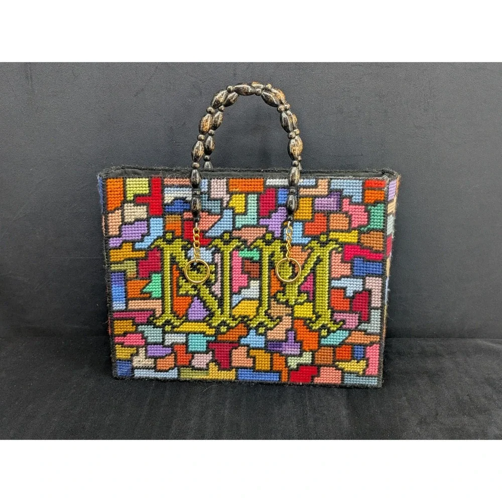 VTG Handmade Plastic Canvas Bead Handle Purse Tote Roses Geometric Shapes NM